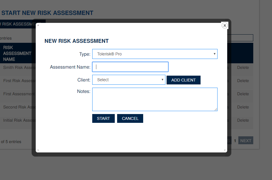 List and Start New Risk Assessment